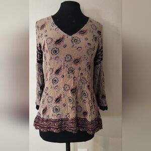 Angie Beige Floral Blouse with Black and Pink Accents